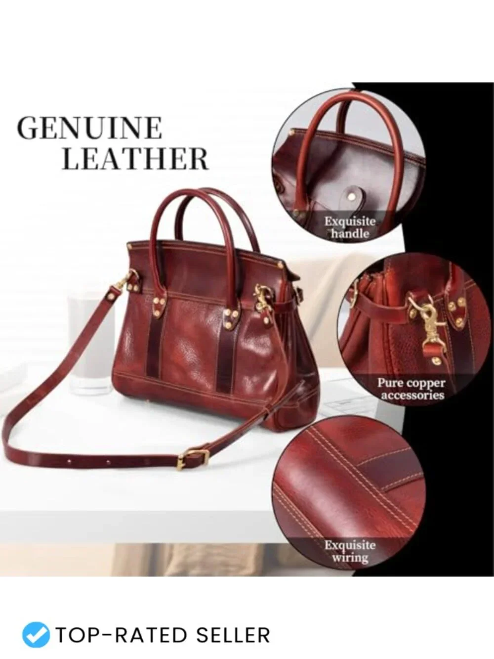 Genuine Leather Satchel Handbag Women Men, Top-Grain Vegetable-Tanned,